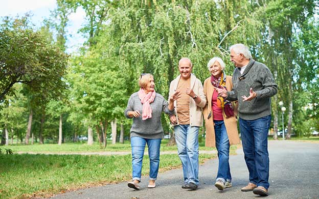 group of active seniors socializing as they walk in the park